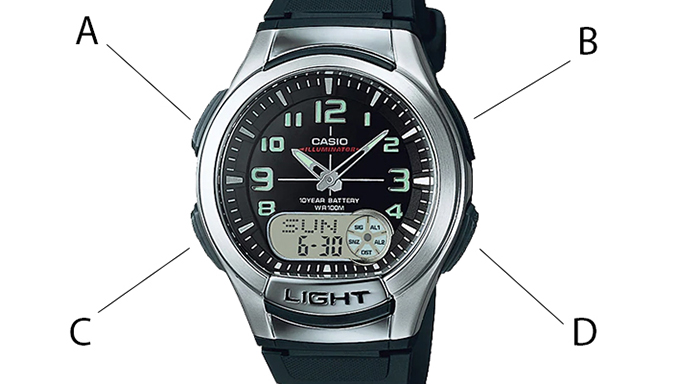 Đồng hồ Casio Illuminator có 4 nút chức năng là A, B, C và D