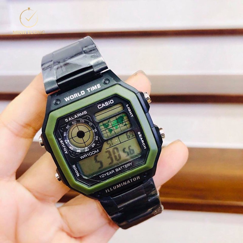 Nhấn Search trên đồng hồ Casio AE 1200WHD để lựa chọn quốc gia mà bạn muốn xem giờ